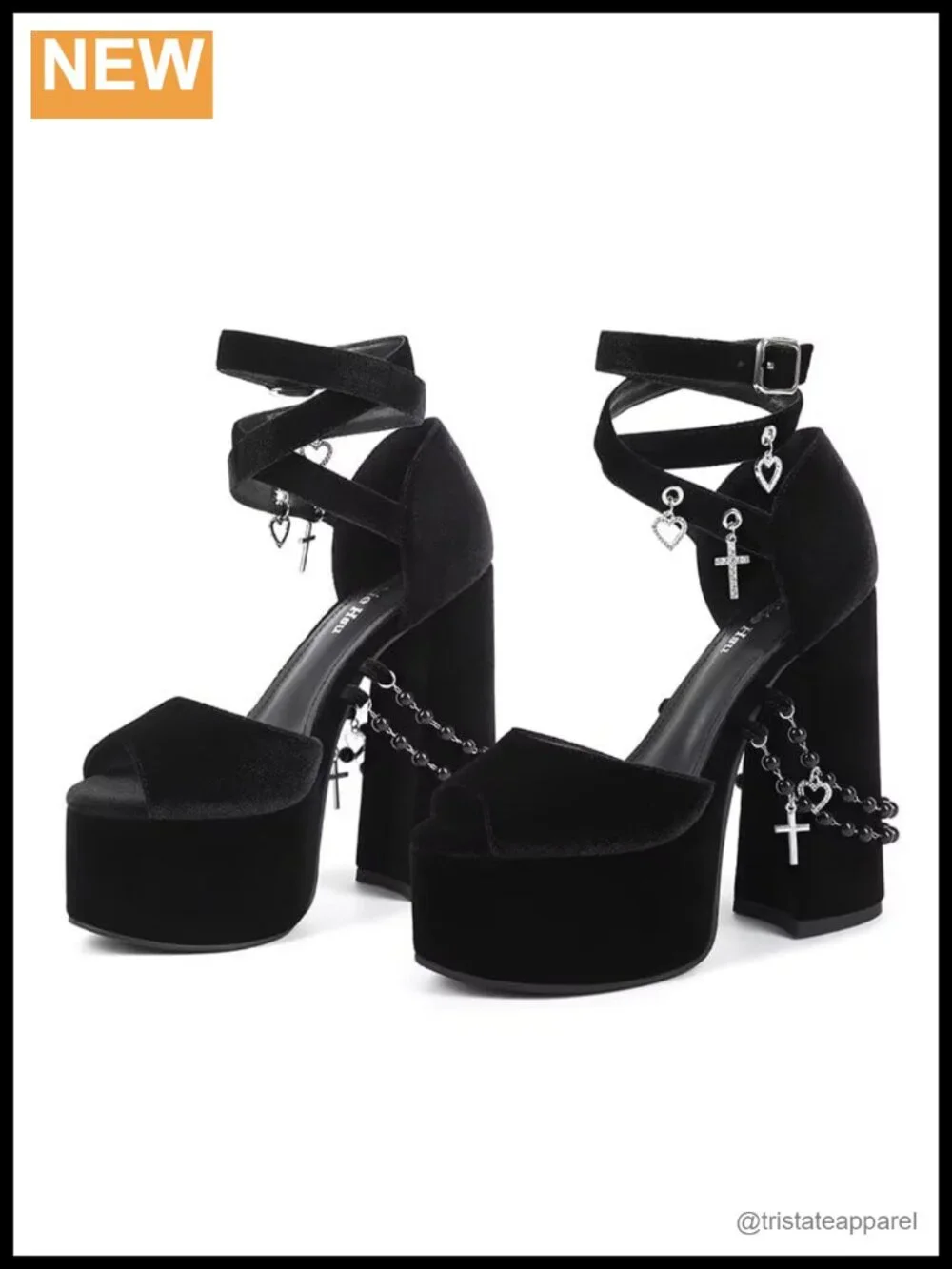 Velvet Platform Heeled Sandals with Rhinestone Cross Heart Bead Chain Ankle
